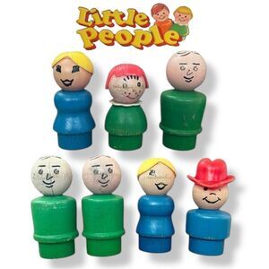 Vintage Fisher-Price Little People All Wood Lady Girl Man Cowboy 7 Piece Bundle